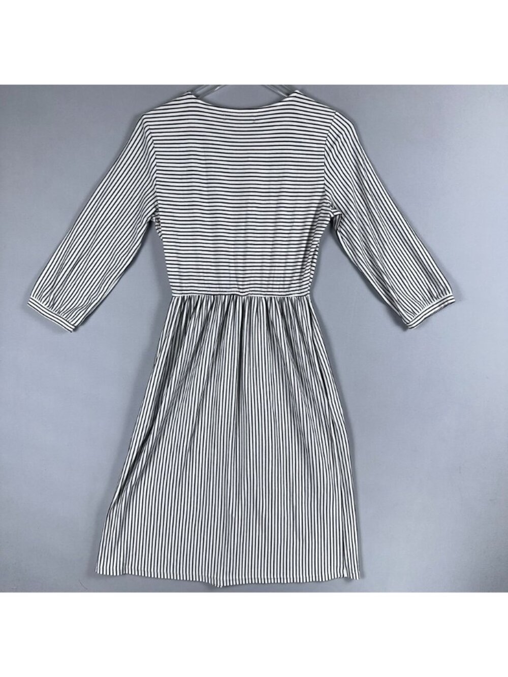 Merokeety Dress Size Small Black White Striped Midi 3/4 Sleeves Chest Pocket - Picture 4 of 12